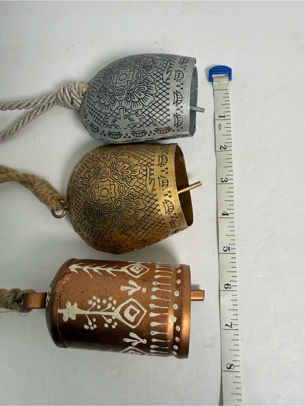 Set of 3 Decorative Hanging Wall Bells in Silver, Gold, and Copper